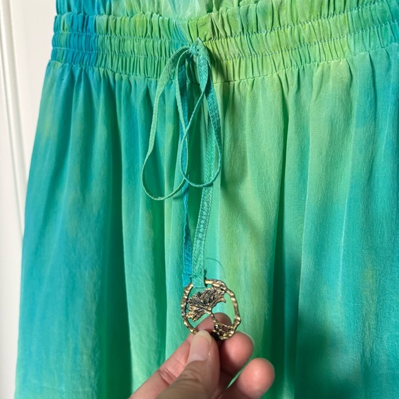 Gypsy 05 Turqoise/Green watercolor Strapless mini Dress charm on drawstring boho - Picture 4 of 11